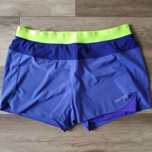 EUC Marmot women's running/athletic shorts, size XL/12, purple/blue, neon green